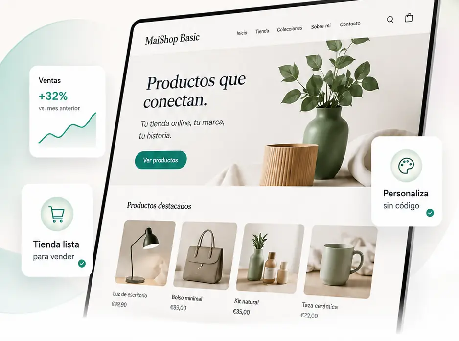 Mockup de tienda online MaiShop con panel editable, tarjetas de ventas y productos