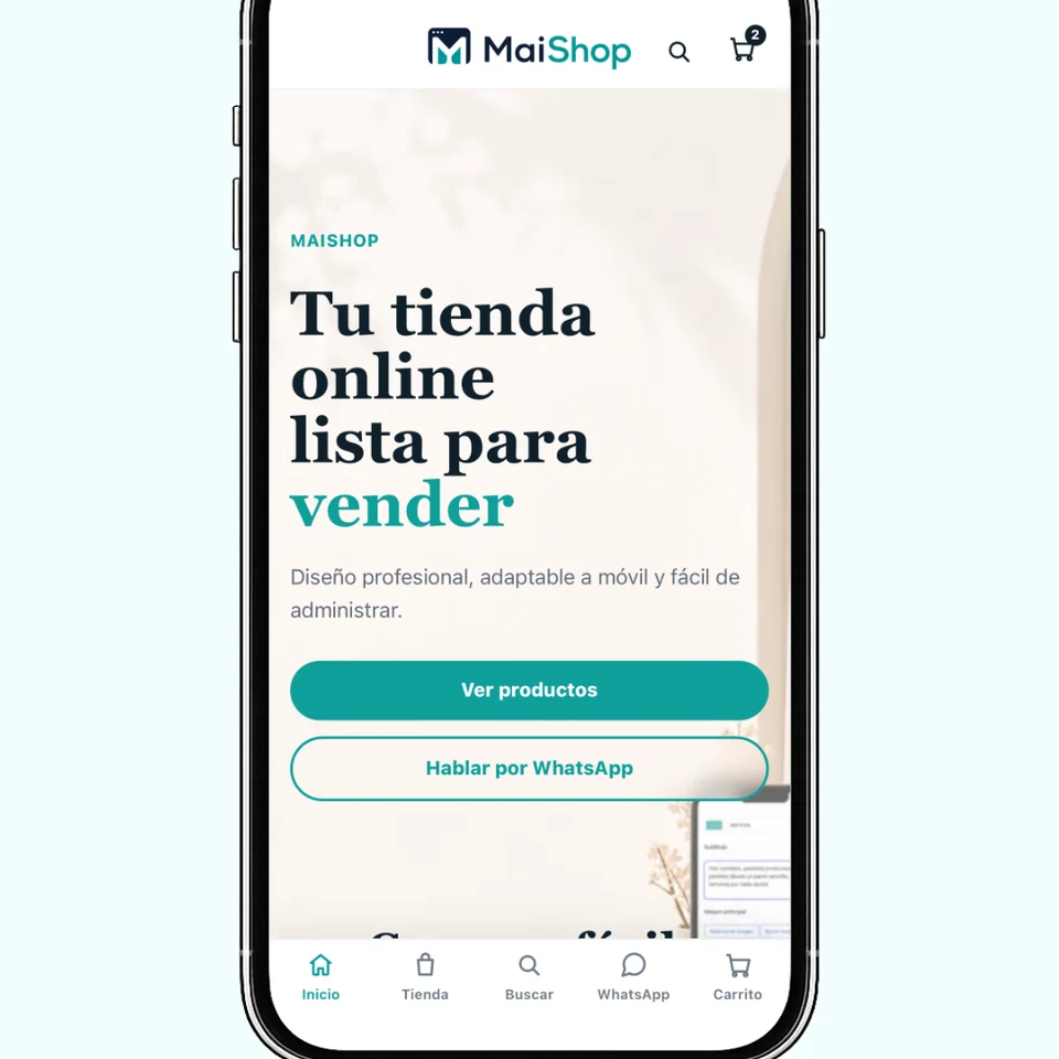 MaiShop en el móvil con menú fijo abajo, aspecto de app