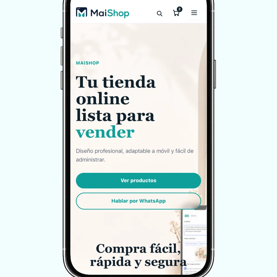 MaiShop en el móvil con menú hamburguesa, aspecto web